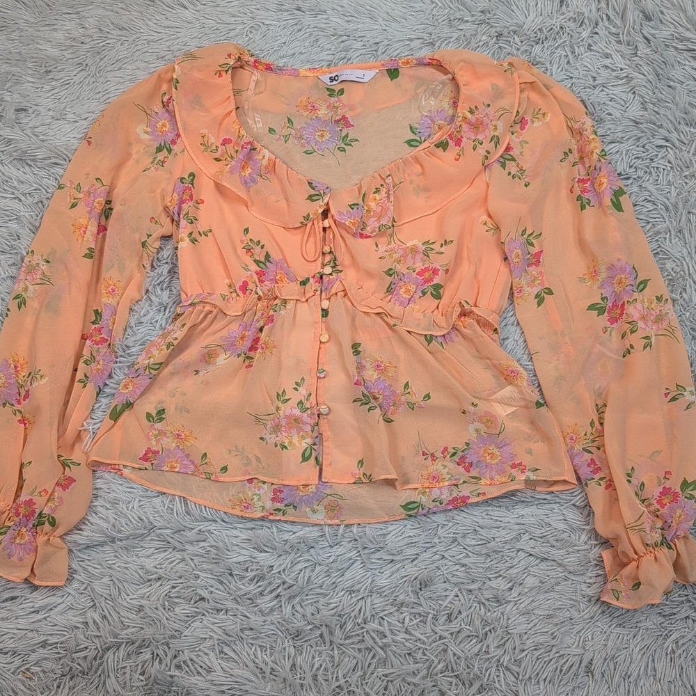So‎ Good For Life Shirt Womens S  Blouse Sheer Floral Top Lightweight Button Up